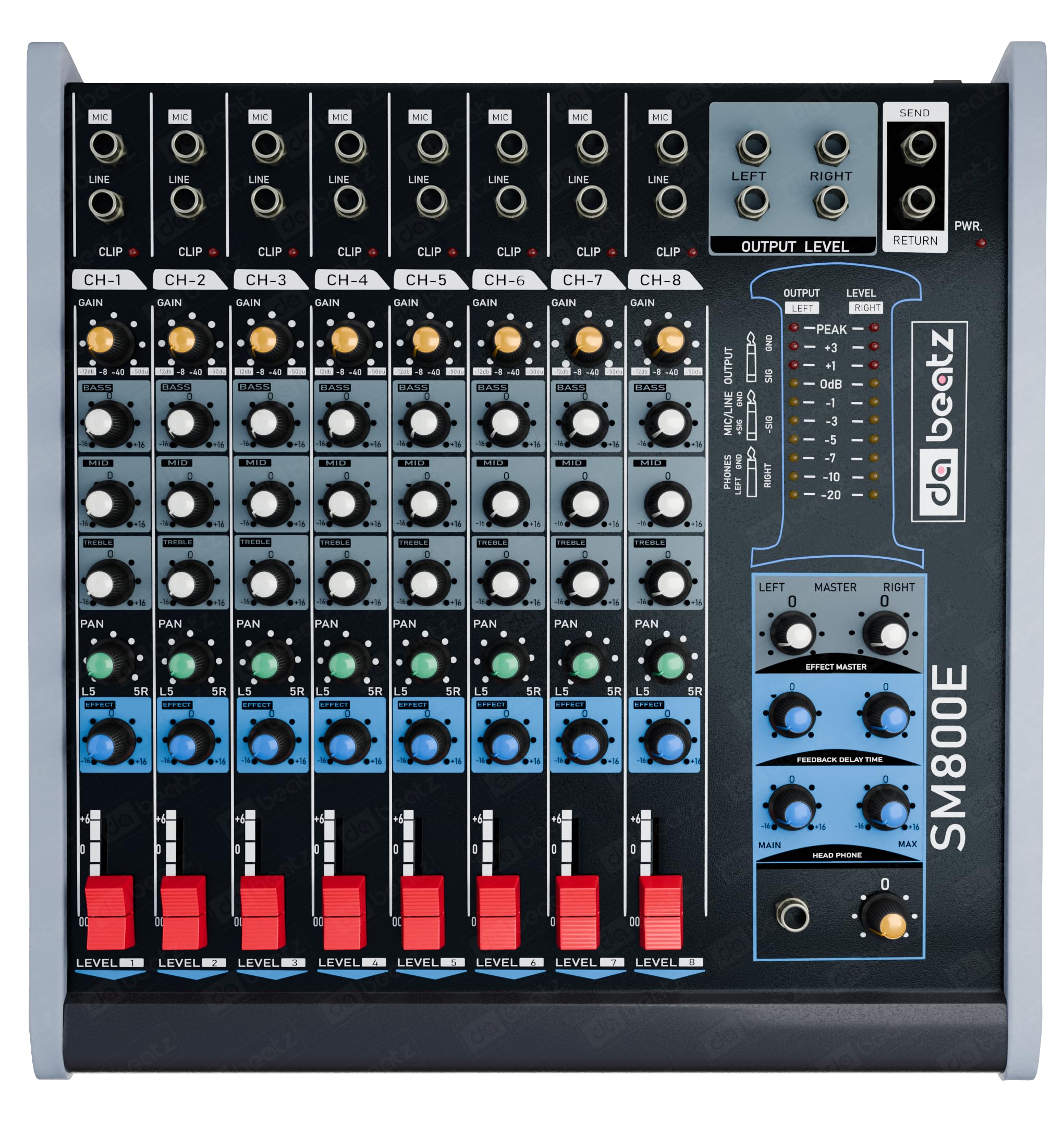 DaBeatz SM800E Professional 8 Channel Audio Mixer, Stereo Echo
